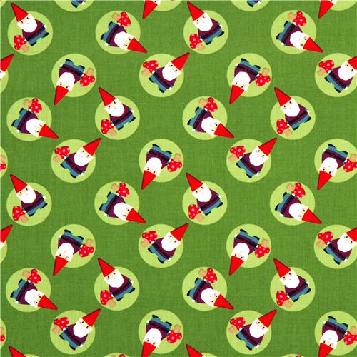 green designer fabric with tossed gnomes and mushrooms 2