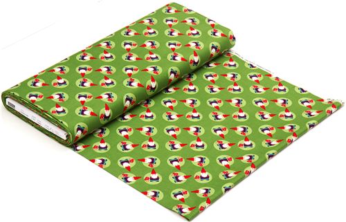 green designer fabric with tossed gnomes and mushrooms 3