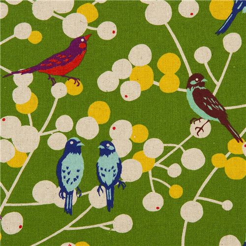 Tela verde echino con pájaros y bayas de lona Tela