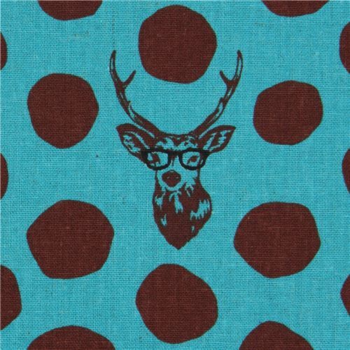 Meeresgrnes Wachstuch mit dunkelbraunen Punkten und Hirsch von Etsuko Furuya Stoff