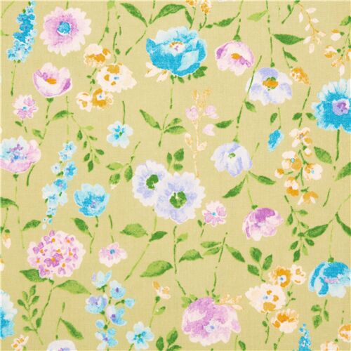 Tissu vert grandes et petites fleurs bleues, jaunes et roses et feuilles Tissu