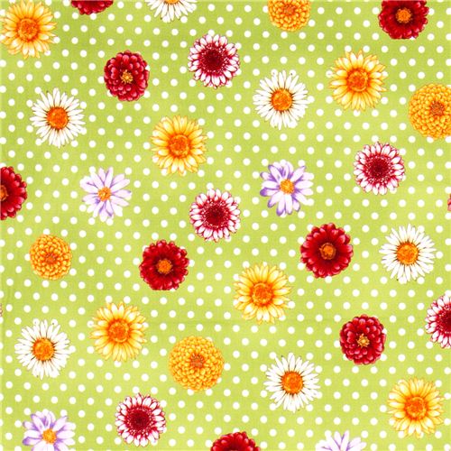 green fabric colourful flowers dots Robert Kaufman 2