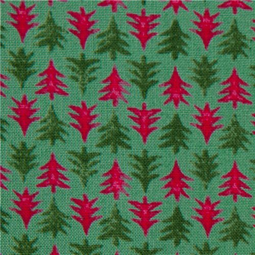 Tissu vert avec des motifs de sapins de Noël rouges et verts Tissu