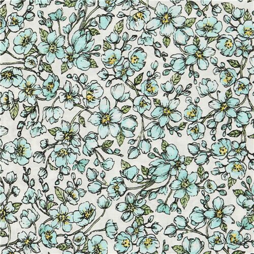 green flowers on white cotton lawn fabric by Robert Kaufman Fabric
