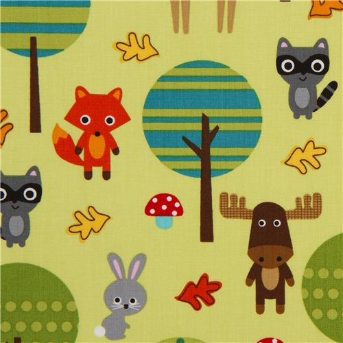 Tissu Robert Kaufman kawaii vert, animaux de la forêt Tissu