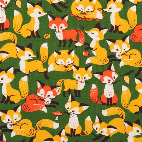 Tissu Oxford Cosmo Japon vert avec des renards Tissu
