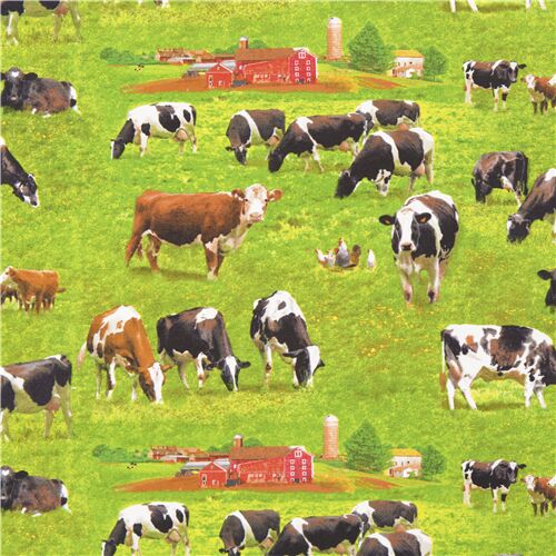 Tissu en coton vert avec des vaches et des terres agricoles, herbe et pturage Tissu