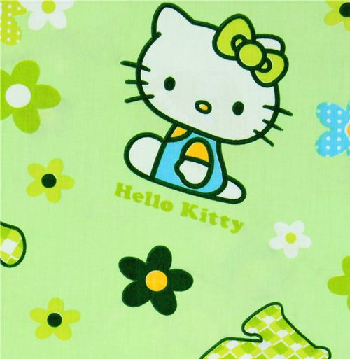 green kawaii fabric with Hello Kitty and flowers 1