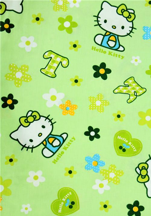 green kawaii fabric with Hello Kitty and flowers 2