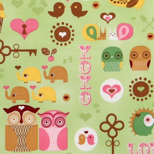grüner kawaii Eulen Stoff mit Igel Vögelchen Elefanten 1