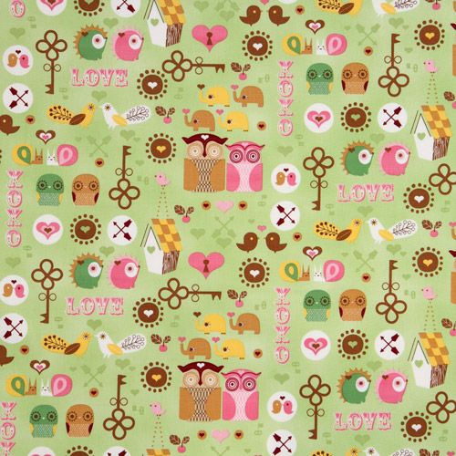 grüner kawaii Eulen Stoff mit Igel Vögelchen Elefanten 2