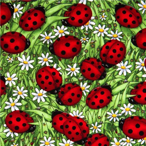 Rimanenza di (47 x 112 cm) - tessuto verde di design con coccinelle rosse margherite
