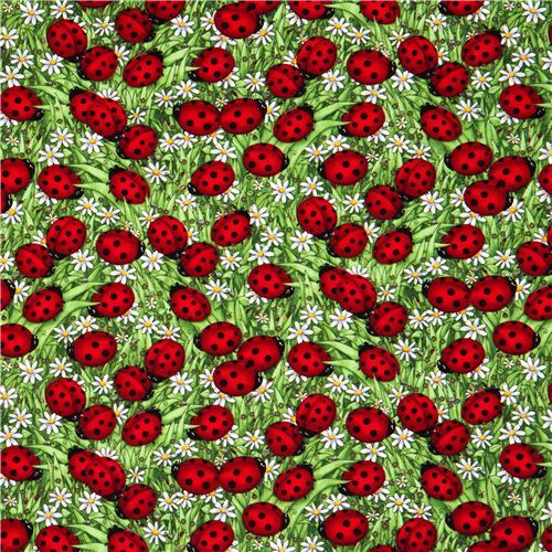Rimanenza di (47 x 112 cm) - tessuto verde di design con coccinelle rosse margherite 2