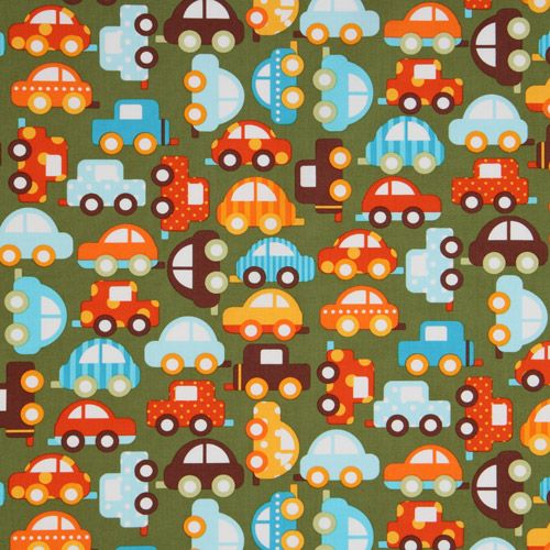 green organic fabric colourful cars de Robert Kaufman 2