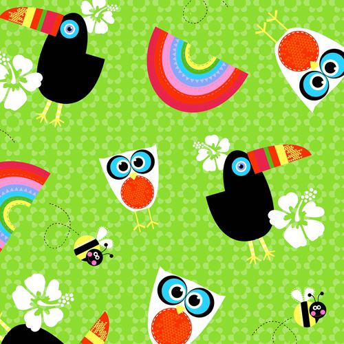 Grüner Tukan Eule Vogel Biene Regenbogen Blume Stoff von StudioE 'Sunshine Day' Stoff