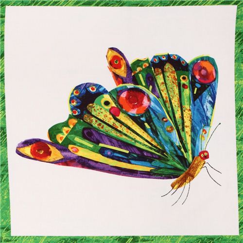 green-white The Very Hungry Caterpillar butterfly panel fabric Andover Fabric