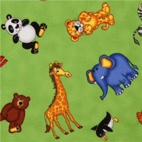 Tissu en flanelle Timeless Treasures vert, animaux du zoo Tissu