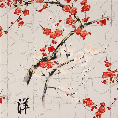 grauer Alexander Henry japanische Blumen Stoff mit Gold Stoff