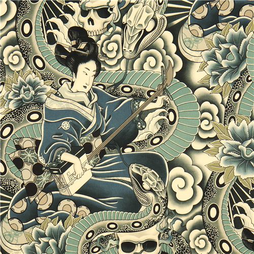 Tela gris Alexander Henry con mujeres japonesas y calaveras Tela