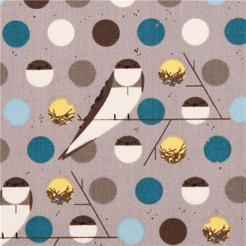 Tissu bio Birch Bank Swallow gris avec oiseaux et pois bleus Tissu
