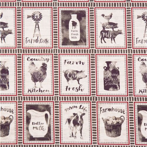 tessuto grigio ecru cotone fattoria animali brocche cesti Tessuto