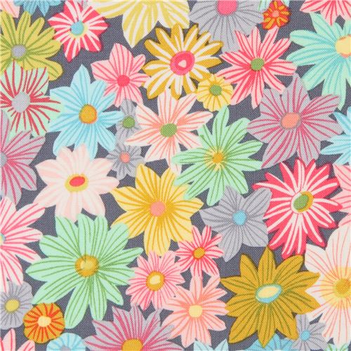 Tissu Michael Miller gris avec des fleurs multicolores, Daisy Garden Tissu
