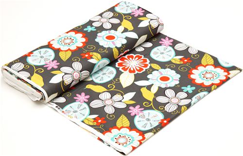 grauer Michael Miller Stoff mit Blumen & V�geln 3