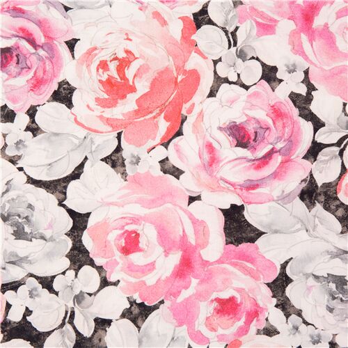 grauer Stoff mit rosa Rosen Aquarell malerisch große Blüten Stoff