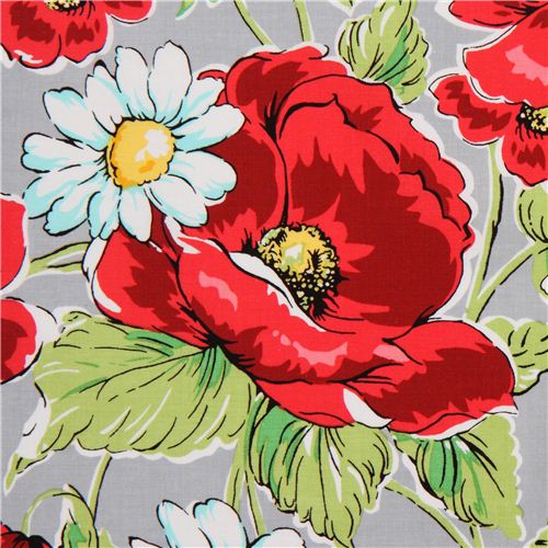 grey Michael Miller flower fabric with poppies Fabric