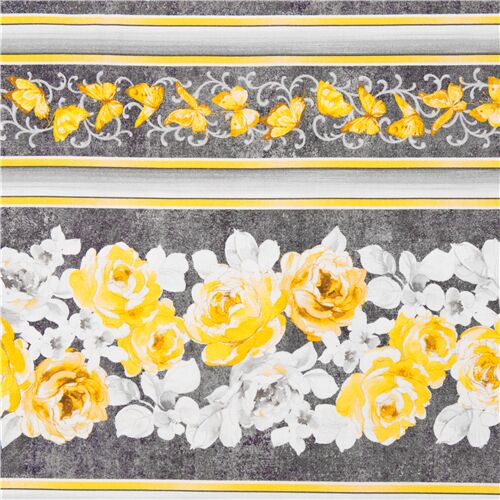 tessuto grigio fiori gialli farfalle strisce cotone Tessuto