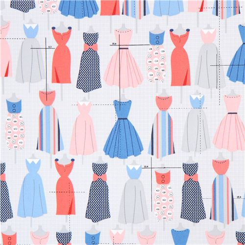 Tissu Robert Kaufman gris avec des robes bleues, Sew Dressed Up Tissu