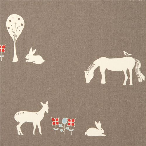 grey birch organic fabric with horse, fox, rabbit, bambi Fabric