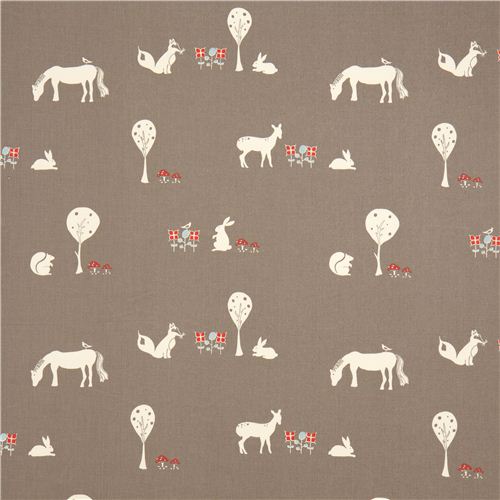 grey birch organic fabric with horse, fox, rabbit, bambi 2