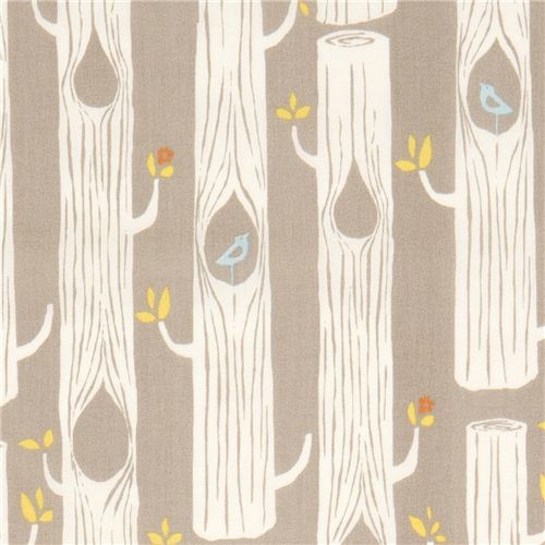 grey birch tree trunk organic fabric with blue birds 1
