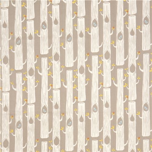 grey birch tree trunk organic fabric with blue birds 2