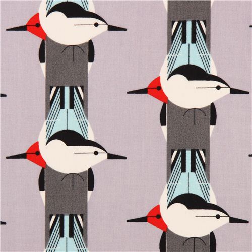 Toile bio Birch Upside Downside gris, bandes et oiseaux Tissu