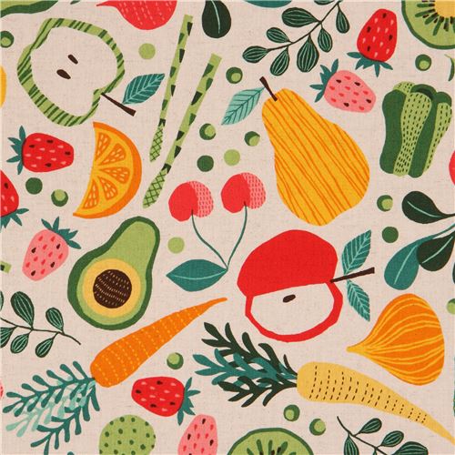 grey-brown canvas fabric cute colorful fruit vegetable from Japan Fabric