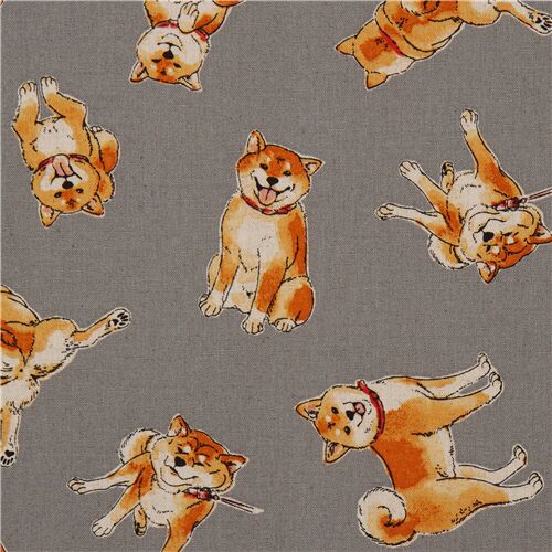 Toile Cosmo grise avec des chiens shiba inu dans tous les sens Tissu