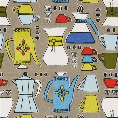 Tissu bio gris avec tasses mugs et cafetières par Monaluna Tissu