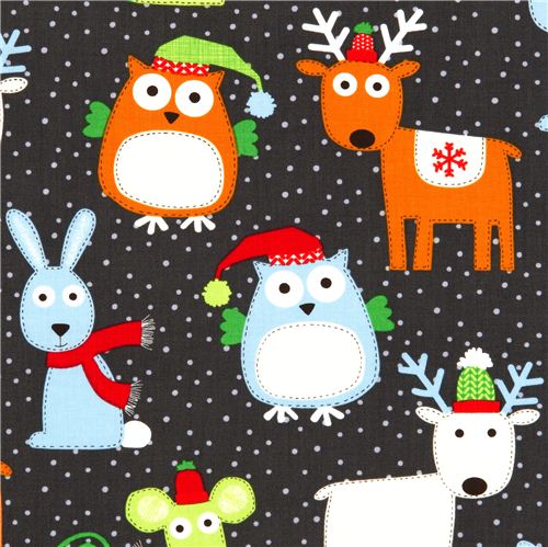 grauer Designer Weihnachtsstoff mit Eule Rentier Hase 1