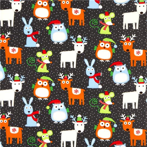 grauer Designer Weihnachtsstoff mit Eule Rentier Hase 2