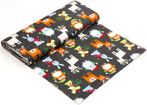 grauer Designer Weihnachtsstoff mit Eule Rentier Hase 3