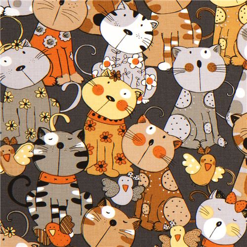 grey designer fabric with brown and grey cats & birds Fabric