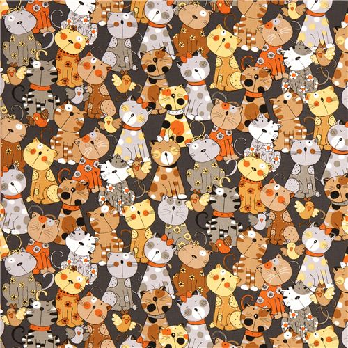 grey designer fabric with brown and grey cats & birds 2