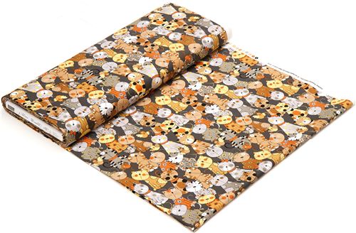 grey designer fabric with brown and grey cats & birds 3