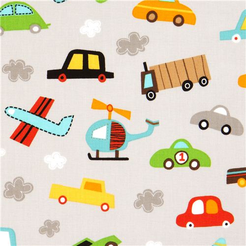 Tissu de garçon Robert Kaufman gris autos avions nuages Tissu