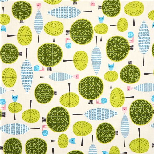 grey fabric with owl snail tree Robert Kaufman kawaii 2