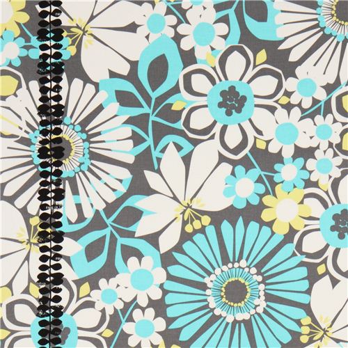 Tela gris con flores y bucles de hojas negras Michael Miller Tela