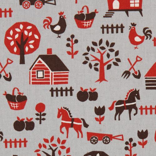 grey oxford fabric with red farm from Kokka Japan 1