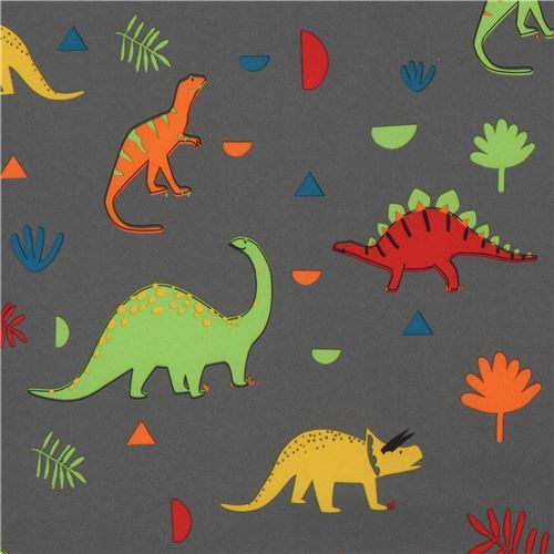 dark grey softshell fabric with colorful dinosaurs Fabric